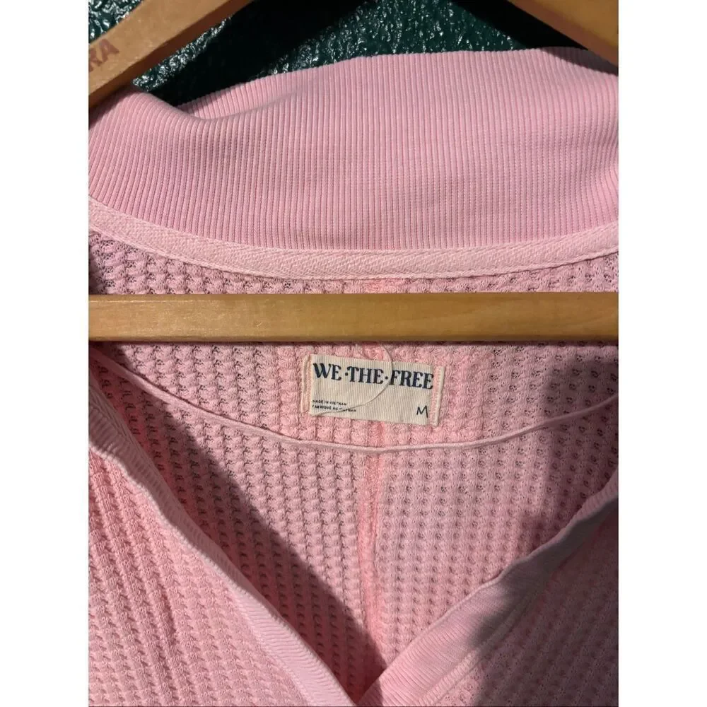 FREE PEOPLE we the free Pink Waffle Weave Collared Travis Polo Medium Sweatshirt